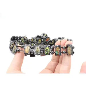 4 PCS Bracelet Black Hematite With All Saints Christian Stretch Saint Beads