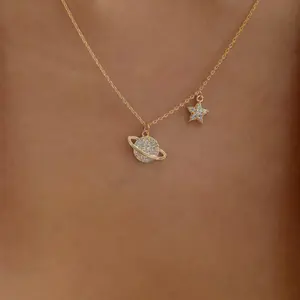 Women's Rhinestone Planet Charm Necklace with Adjustable Chain