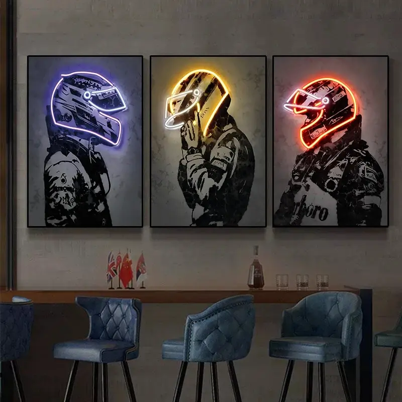 3pcs/set Unframed Neon Effect Decorative Wall Art Poster F1 Racer Formula One Pop Mural Modern Cool Design Modern Home Decor Canvas Picture Print Living Room Bedroom Decorate, Canvas Prints, Modern Home Decoration