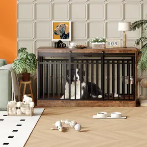 55" Large Dog Crate Furniture, Chew-Resistant Indoor Dog Kennel with Feeding Bowls & Sliding Door, Wood Decorative Dog Cage End Tables