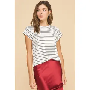 Amicis Kate T-shirt - Women's Rib Stripe Cuffed Crewneck Tee for Summer Streetwear - Made in USA
