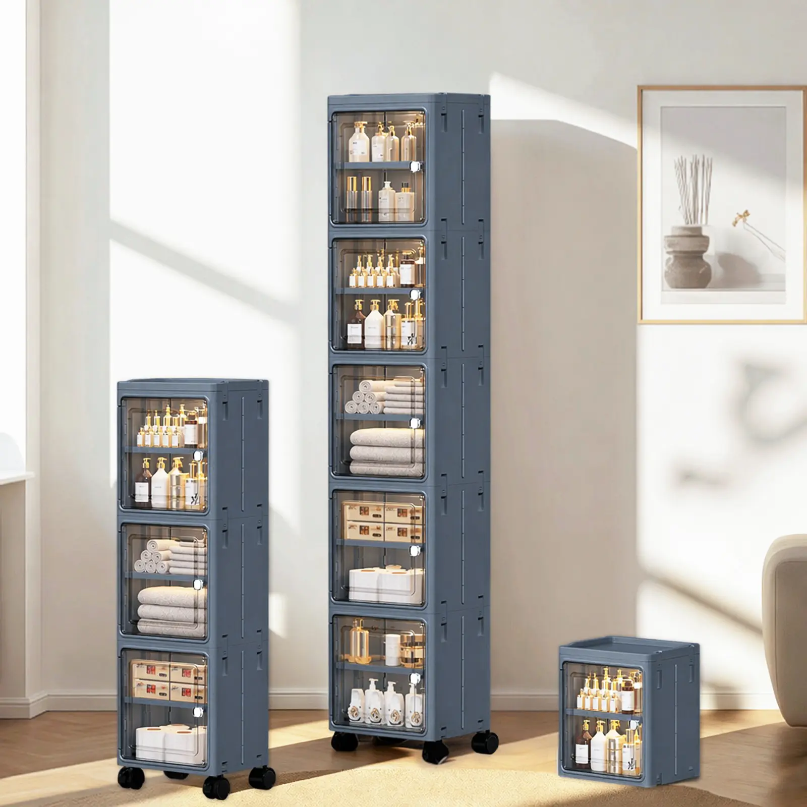 5-Tier Collapsible Rectangle Plastic Storage Boxes with Wheels - Stackable Lidded Organizer Unit, Modern Home Organizer for Living Room, Bedroom Home Supplies