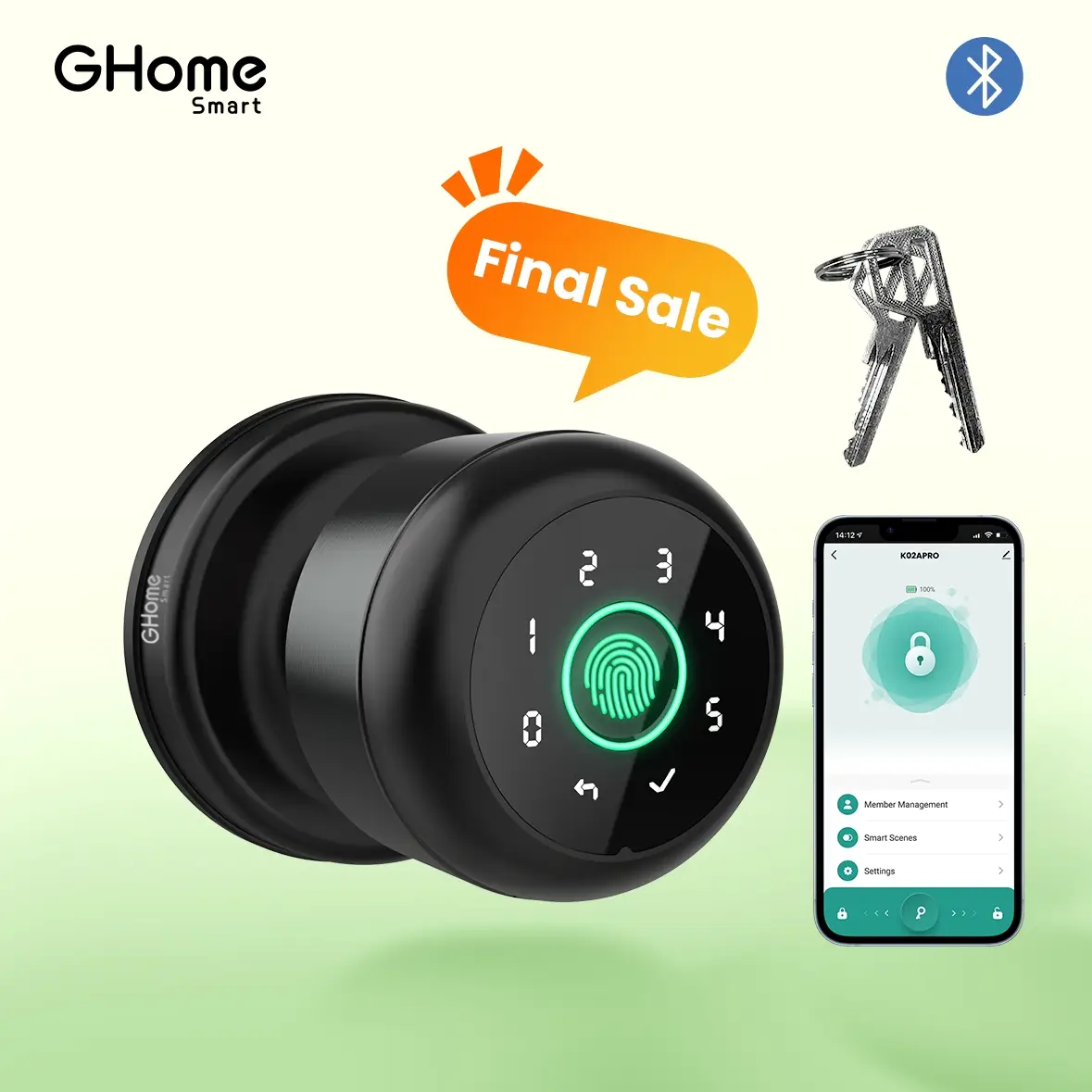 GHome Smart 4 in 1 Fingerprint Knob with Keypad Lock, Biometric Smart Knobs & App Control, Keyless Entry Lock for Home, Bedroom, Apartment