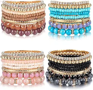 4pcs Boho Stackable Beaded Bracelet Set for Women – Multi Layer Stretch Crystal & Natural Stone Bracelets, Trendy Gold Rhinestone Jewelry