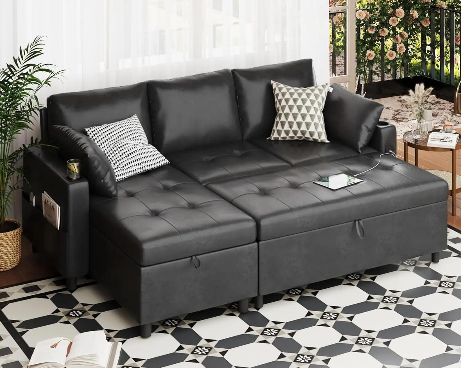 AECOJOY Leather Sleeper Sofa Couch with Pullout Bed, 80'' Sofa Bed with Storage Chaise, Pull Out Couch with USB&Cup Holders, L-Shaped Convertible Couches for Living Room-Faux Leather