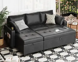 AECOJOY Leather Sleeper Sofa Couch with Pullout Bed, 80'' Sofa Bed with Storage Chaise, Pull Out Couch with USB&Cup Holders, L-Shaped Convertible Couches for Living Room-Faux Leather