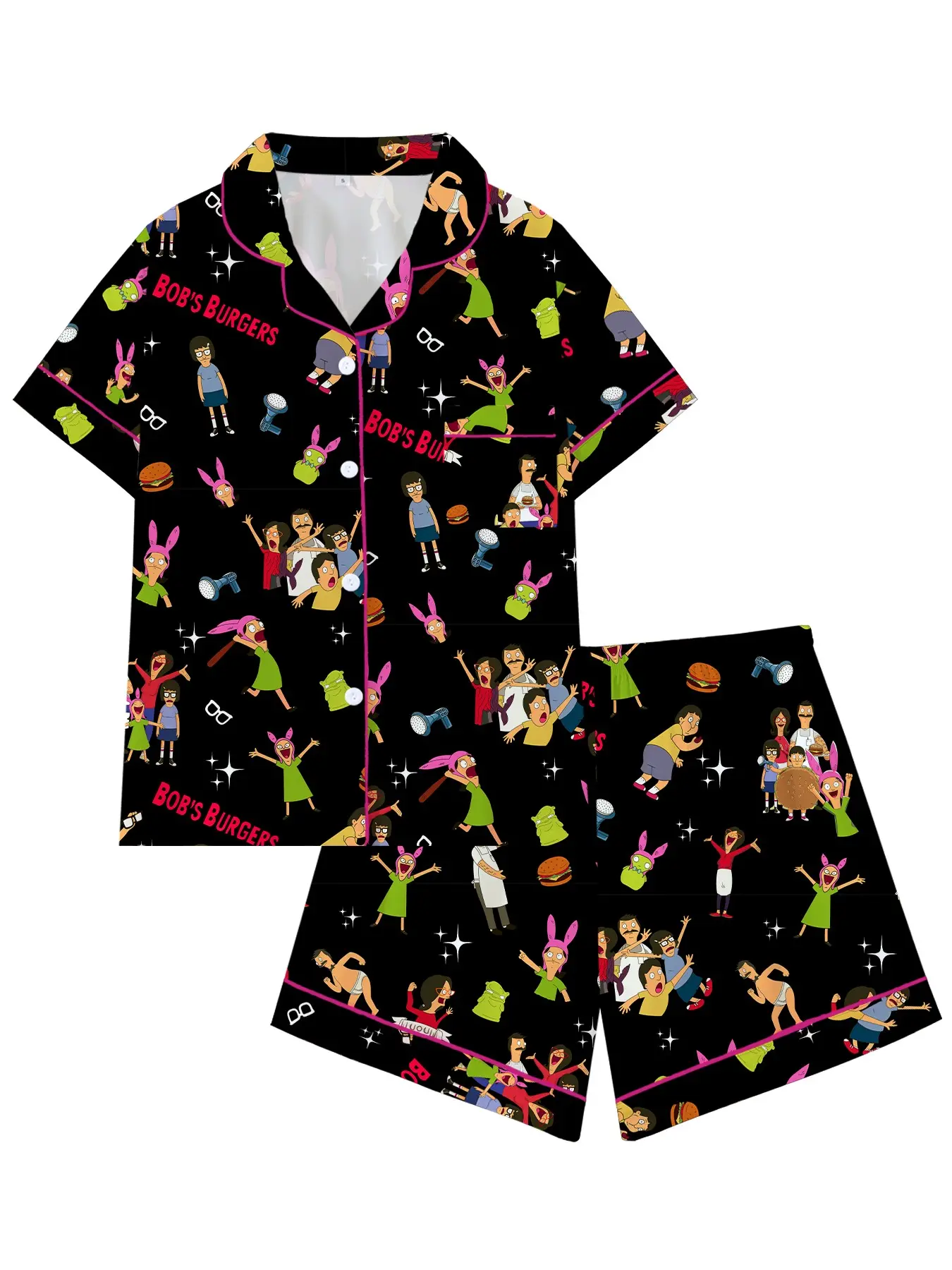 Bobs Burgers Family Cartoon Cute Burger Collar Short Sleeve Sleepwear Pajama Set, Comfortable Loungewear, Party Style, All Seasons, Pyjamas, Pajamas Sets, Pjs