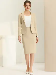 INSPIRE CHIC 2 Piece Suit Skirt Set Business Casual Long Sleeve Blazer and Pencil Skirt Khaki