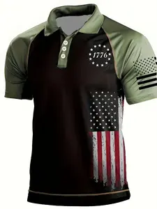 Men's American Flag Print Shirt, Patriotic Polo Shirt, Breathable Short Sleeve Casual & Semi-Formal Wear, Summer Top for Independence Day