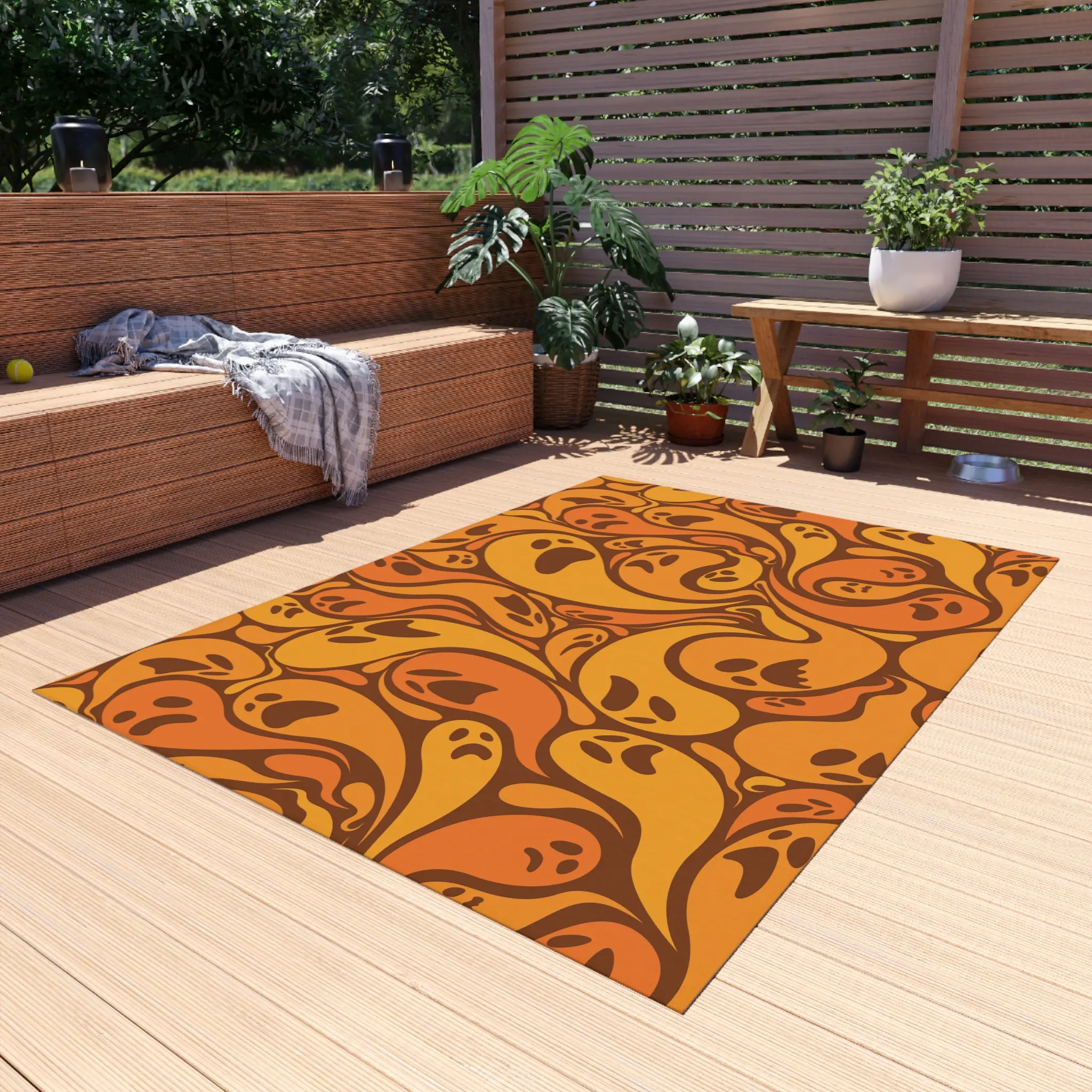 Spooky Ghost Outdoor Rug - Fall Decor, Halloween Mat, Patio Carpet, Ghost Pattern, Seasonal Outdoor Rug