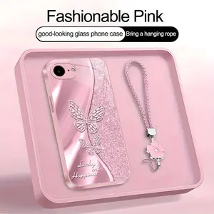 Suitable for [iPhone 16e] high-end women's phone case🥰，a beautiful four-leaf clover lanyard is included🍀，A beautiful, sophisticated printed butterfly pattern—not sequins YM99