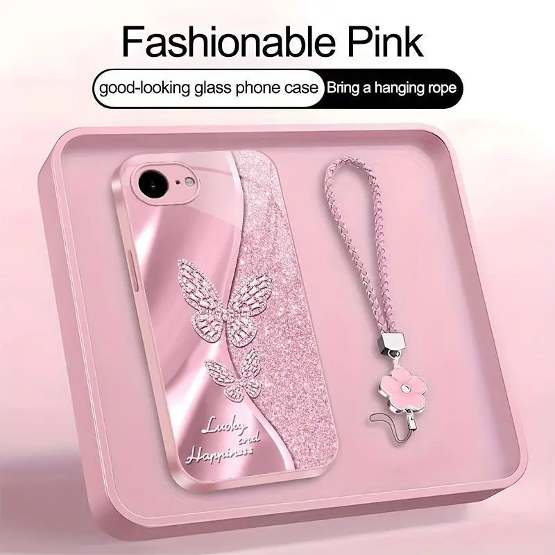 Suitable for [iPhone 16e] high-end women's phone case🥰，a beautiful four-leaf clover lanyard is included🍀，A beautiful, sophisticated printed butterfly pattern—not sequins YM99