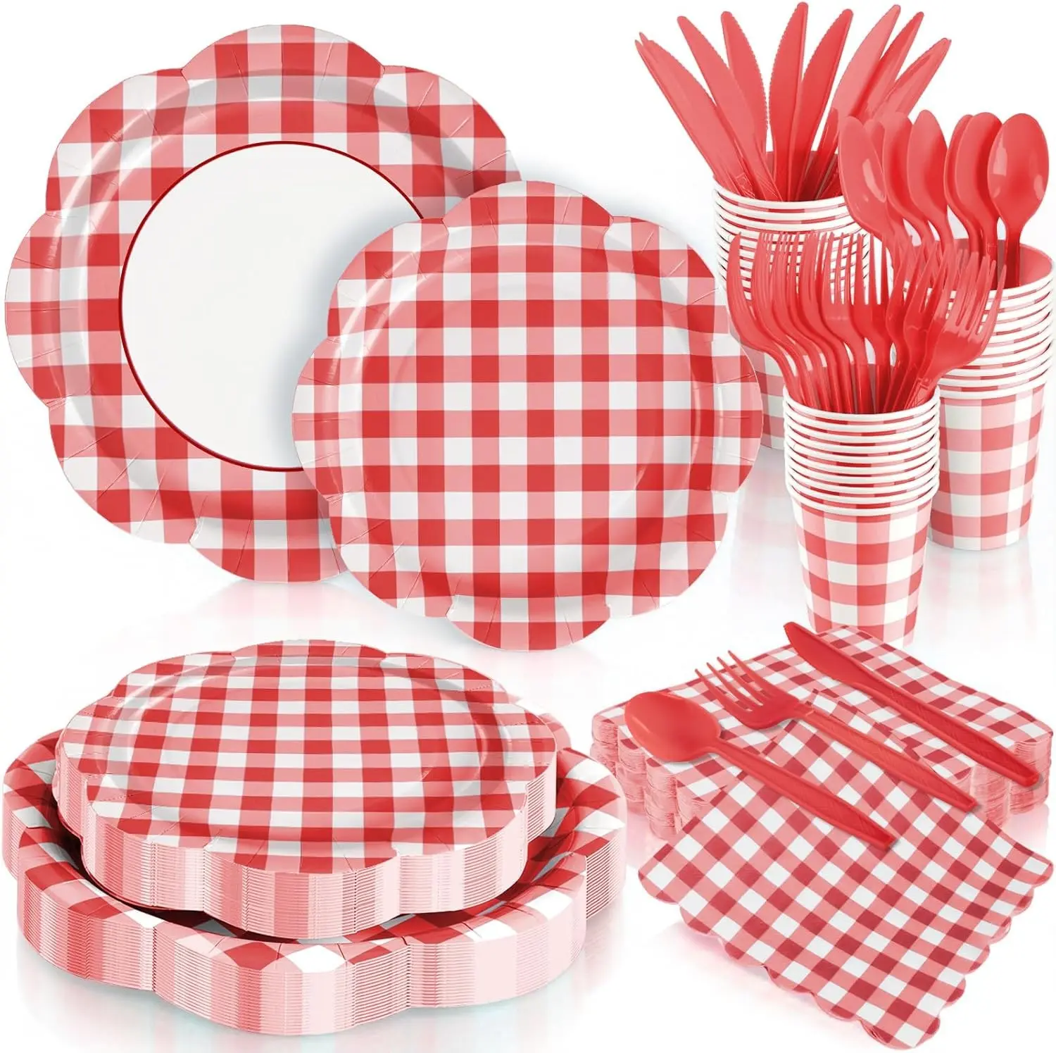 168Pcs Red Gingham Plates and Napkins Party Supplies,Scalloped Checkered Disposable Paper Plates Set with Napkins Cups Plastic Cutlery for Birthday Wedding Baby Shower Spring Party Supplies
