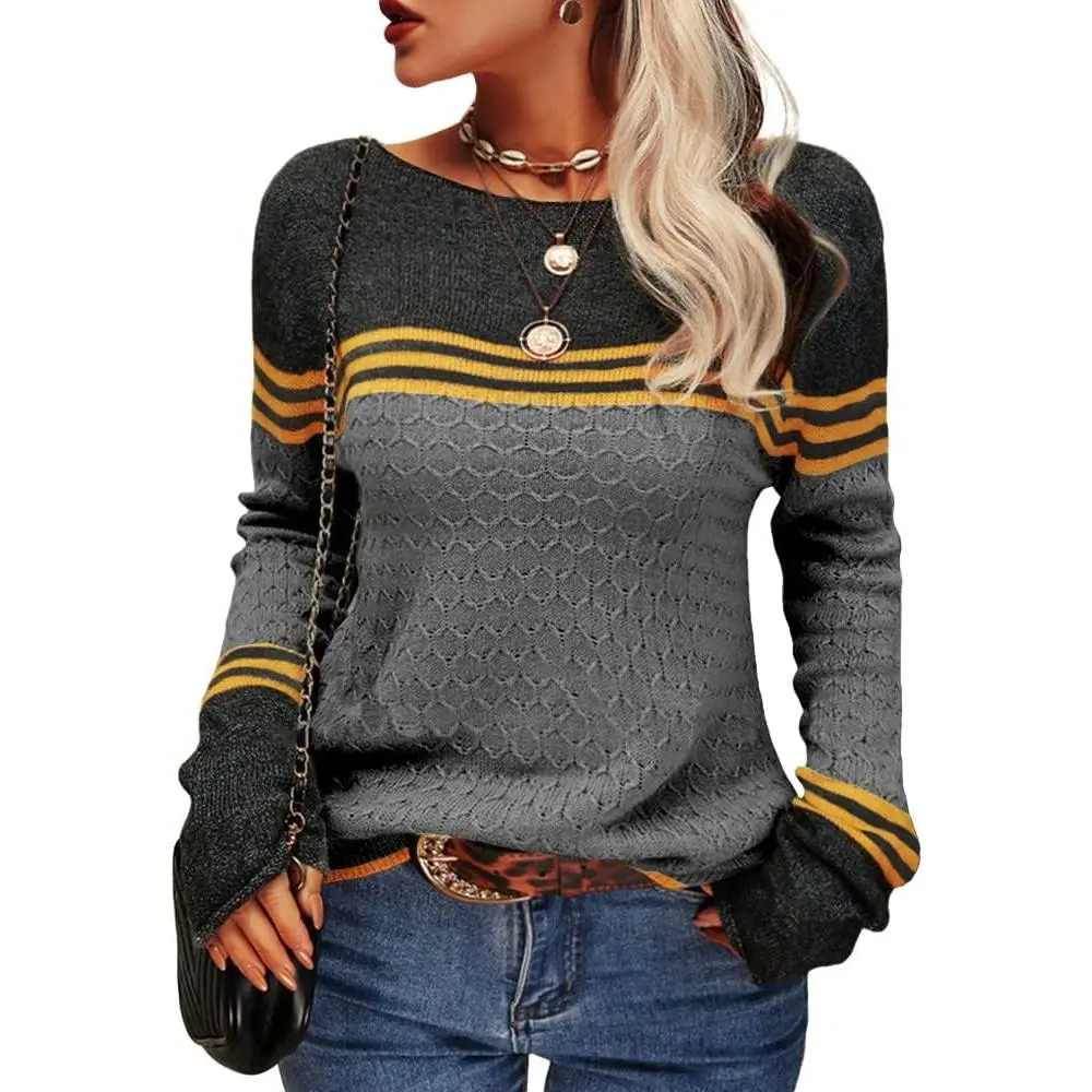 Imily Bela Women Autumn Winter Colorblock Pullover Sweaters Round Neck Striped Slim Fitting Knitwear Top