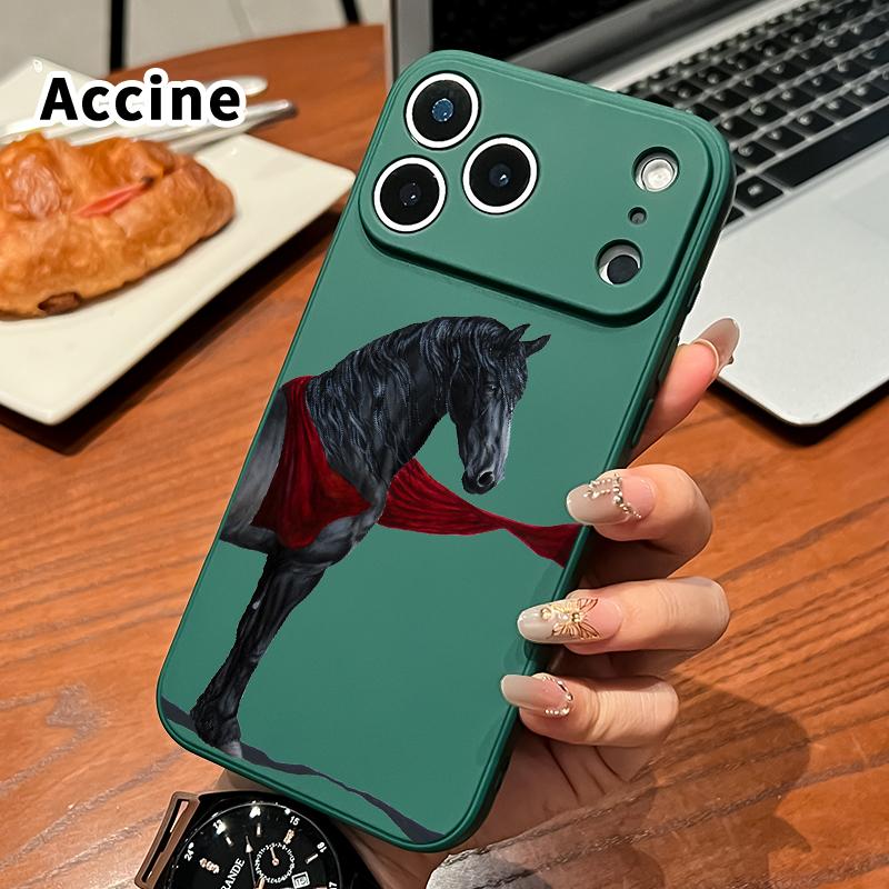 Straight Edge Phone Case for iPhone 17 16 Pro Max 15 Plus 14 13 12 11 Air XS XR E Black horse with red cloth Pattern Anti-Scratch Shockproof Soft Silicone Protective Cover