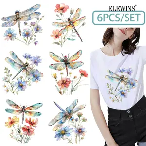 6Pcs Butterfly Dragonfly Heat Transfer Vinyl DTF Gold Foil Transfer for Tshirt Hoodie Jeans Backpack Pillow Machine Washable HTV Film for Men Women DIY Material
