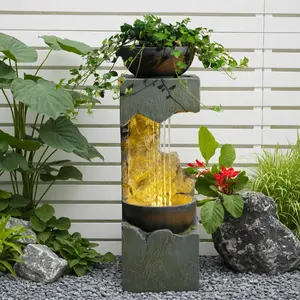 37.4''H 2-Tiered Rainfall Bowl Garden Water Fountain with LED Lights and Pebbles, Modern Crackled Stone Feature Waterfall for Porch, Deck, Yard, Patio, and Home Décor