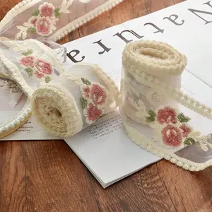 Vintage Rose Embroidered Sheer Floral Lace Hair Accessory, DIY Handmade Bow Ribbon Decoration, 2y-8.5cm Satin Ribbon for Packaging