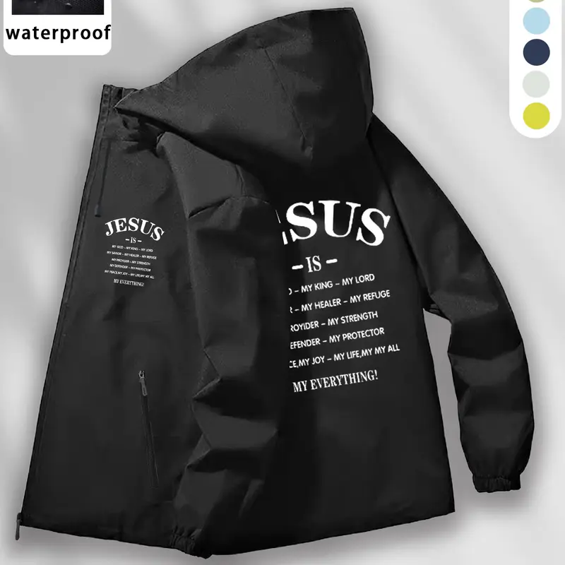Waterproof Jesus Streetwear Casual Windbreaker Jacket | Lightweight Hooded Outdoor Techwear | Minimalist "JESUS" Letter Print Unisex Outerwear | Windproof Spiritual Faith Apparel for Daily Wear
