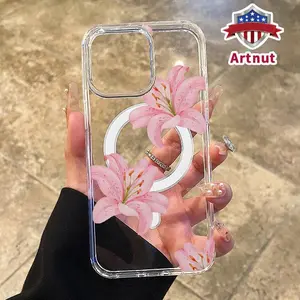 Clear Magnetic Case for iPhone 17 Pro Max 16 15 16E 14 Plus 13 12 Mini 11 Promax X XS XR XSMax Minimalist Retro Lily Pattern Acrylic Hard Back Soft Silicone Edge Bumper Sockproof Cover for Girl