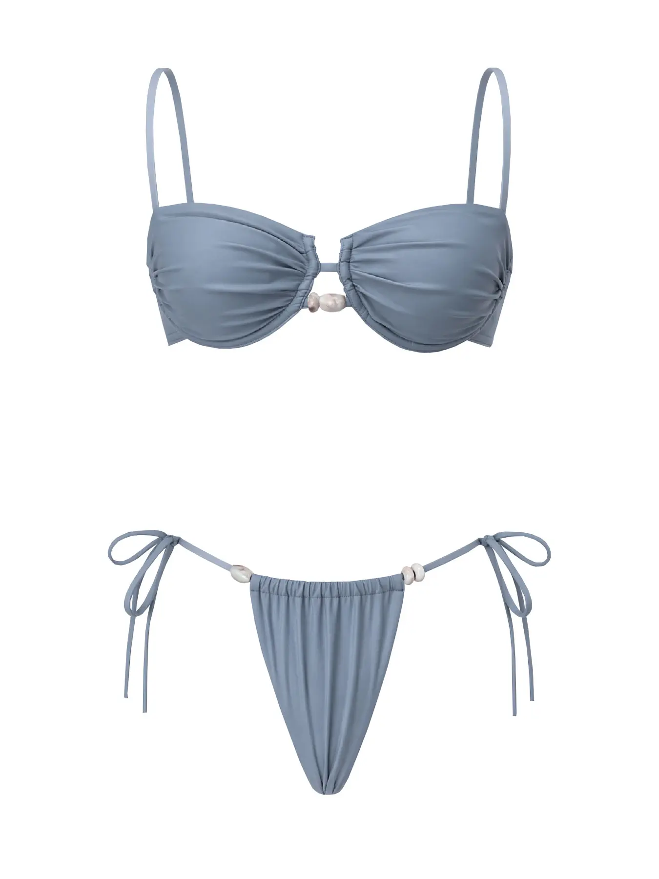 2026 new model strappy solid-color mini bikini two-piece set—fashionable, sexy beaded low-rise bust-lifting women’s two-piece swimsuit set; casual holiday beach swimwear/onsen wear
