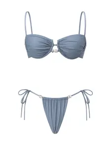 2026 new model strappy solid-color mini bikini two-piece set—fashionable, sexy beaded low-rise bust-lifting women’s two-piece swimsuit set; casual holiday beach swimwear/onsen wear