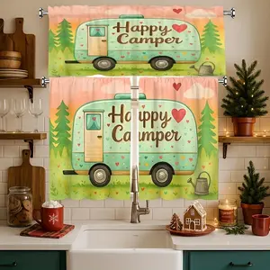 JOYFINITY 1pc/2pcs Retro Camper Van & Happy Camper Trailer Window Valance & Blackout Curtains - Turquoise/Yellow Vintage RV Design with Hearts, Trees, Pine, RV Doors & Print for Kitchen, Bathroom, RV/Camper Home Decor (, Christmas Decor
