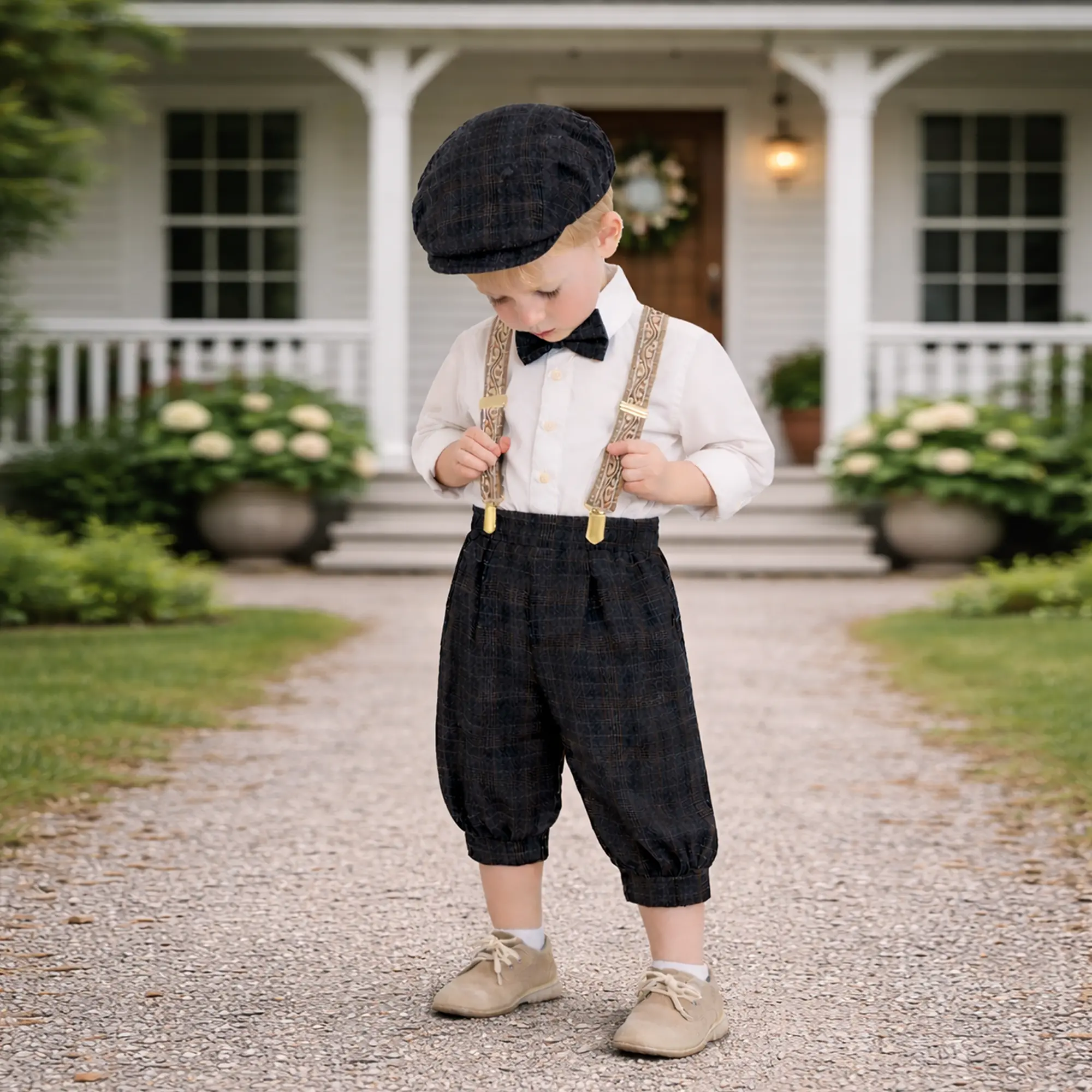 Gino Giovanni Boys Vintage Style Knickers Outfit Suspenders Set with Textured Design & 1920s Classic Hat Perfect for Party & Celebrations