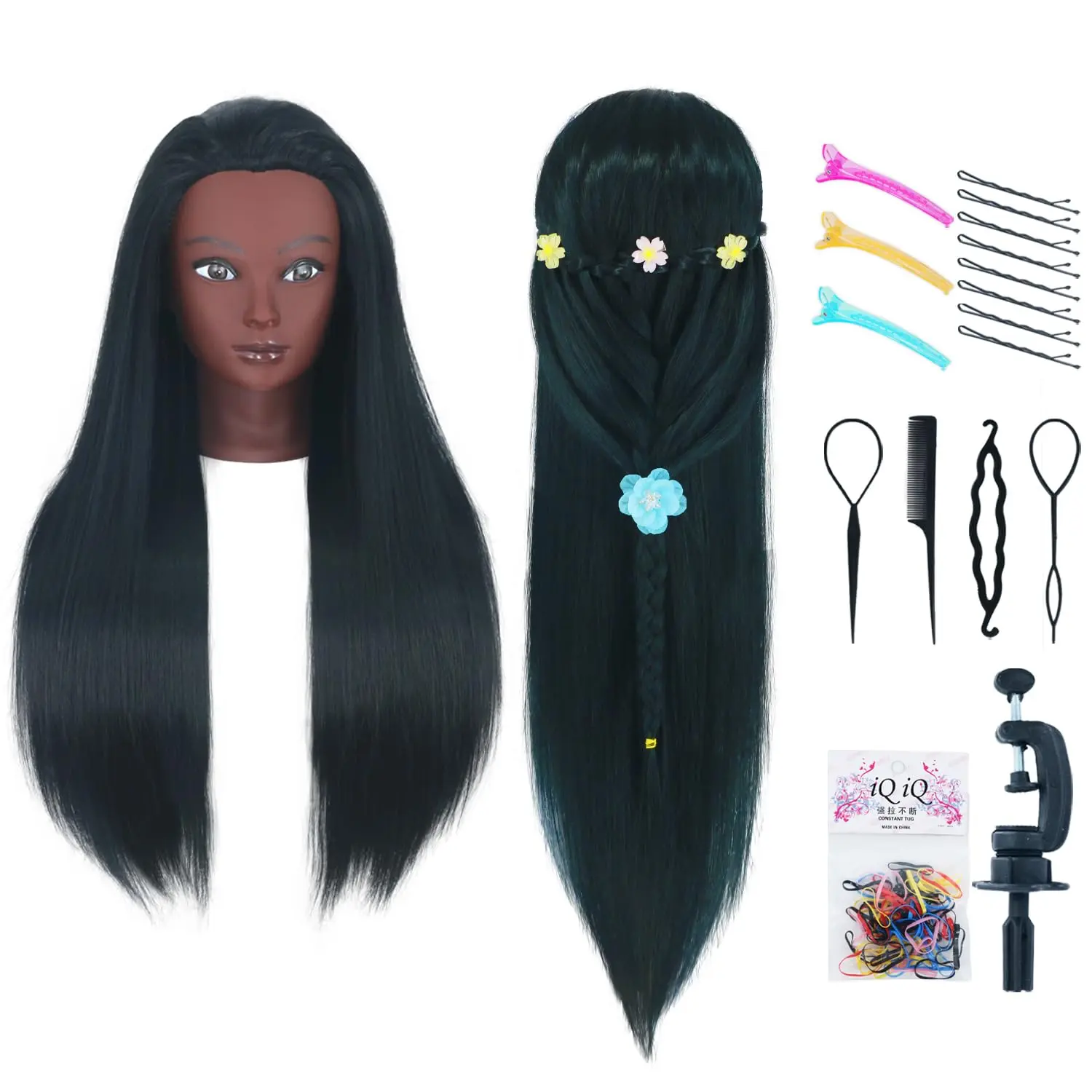 Vinyl Mannequin Head with 26-28 Inches Black Synthetic Hair and Facial Makeup for Styling Practice, Braiding, and Setting - Includes Free Table Clamp and Tools, Includes Styling Tools