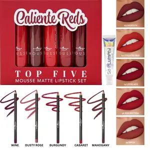 Italia Deluxe Caliente Reds Mousse Matte Top Five Lipstick, So Plumped Lip Gloss & UltraFine Lip Liner Bundle with Wine Rich Red Burgundy Cabaret Hot Red Shades