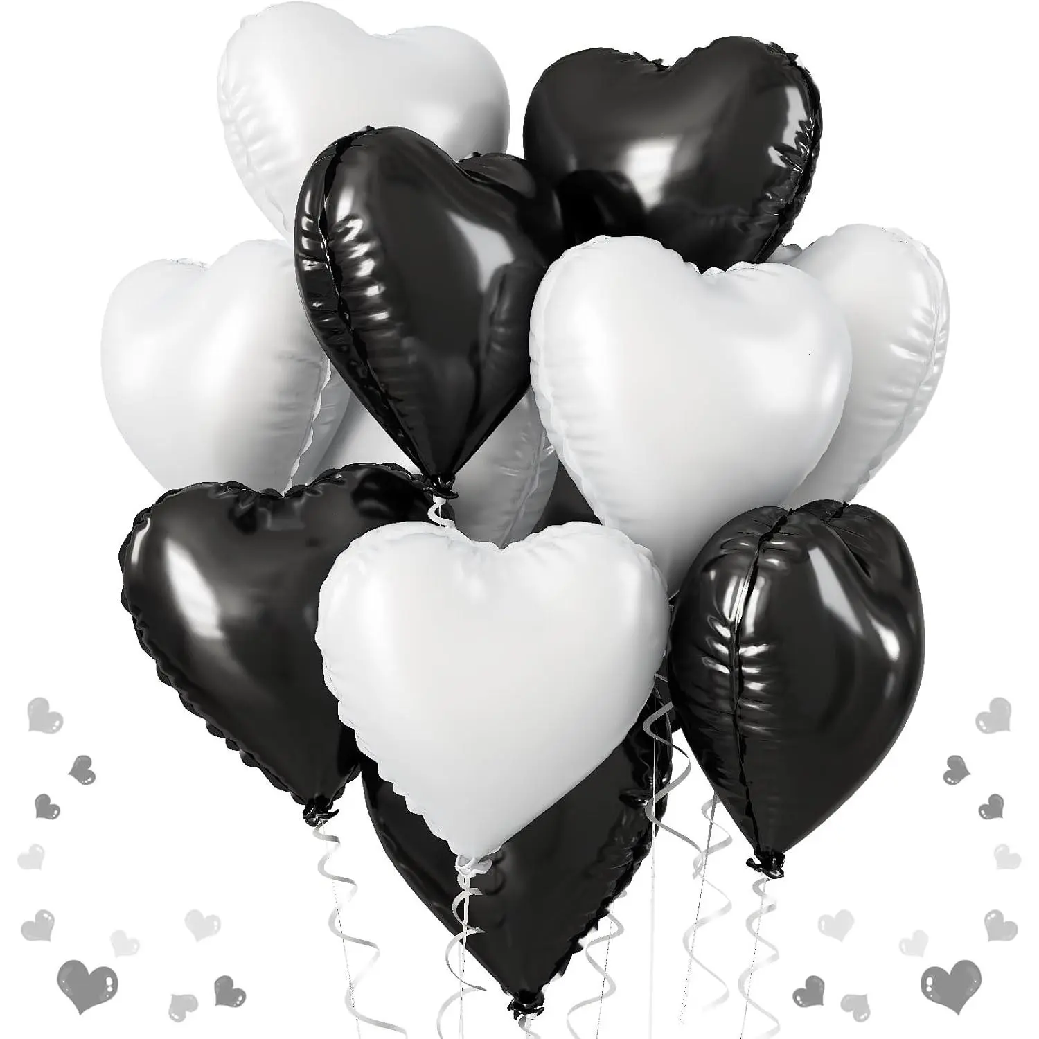 18-Inch Black & White Mylar Balloons (10 Pcs), Polyester Film Helium Foil Heart Balloon Decor, Deformation-Resistant Festive Party Supplies for Wedding, Birthday Decor