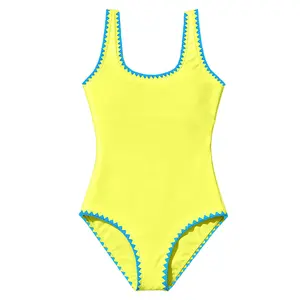 Girls One Piece Swimsuits Color Block Contrast Trim Adjustable Straps Bathing Suit Swimwear 9-16Y