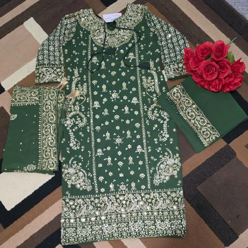 Women's Heavy-Embellished Green 3-Piece Suit Set with Embellished Dupatta and Palazzo Pants