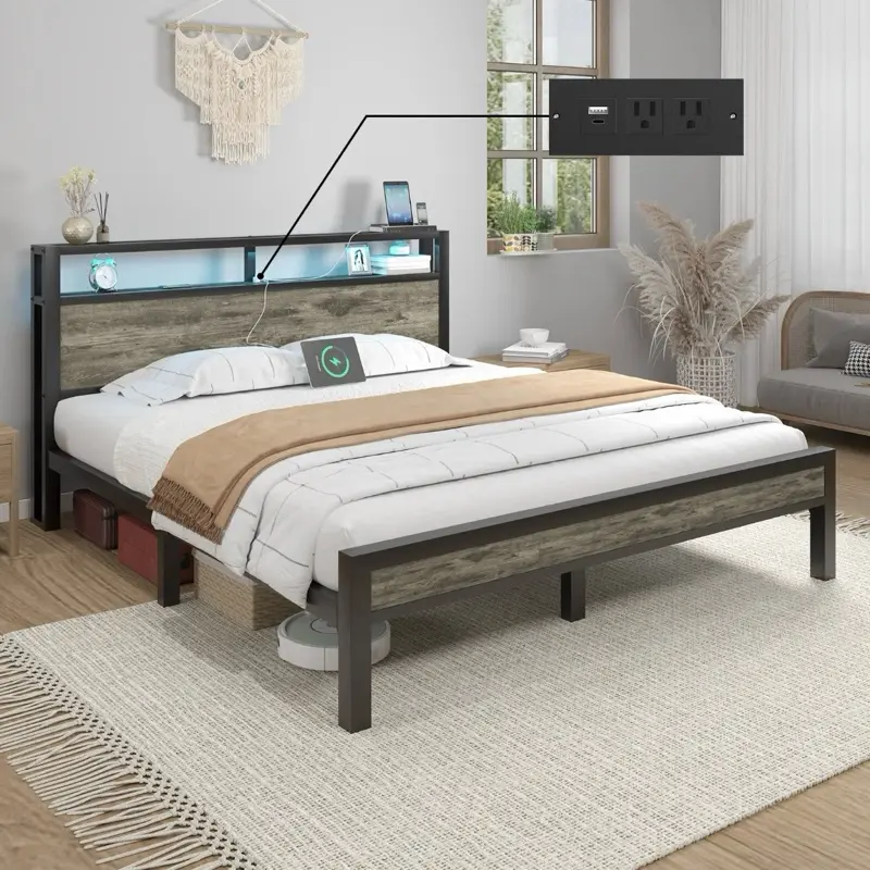 Metal Bed Frame Full/Queen/King with Storage Headboard and Charging Station/Grey