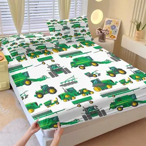 "Green Farm Tractor Fitted Sheet Set - 3 Piece Soft Breathable Deep Pocket Bedding with 2 Pillowcases, Farm Vehicle Pattern Bed Sheets for Kids Boys Bedroom Decor, Full Size"