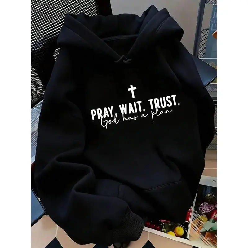 Pray Wait Trust God Has A Plan Cross Christian Hoodie Back To School Women's Cotton Long Sleeve Pullover Hooded Sweatshirt, Religious Faith Inspirational Casual Hoodie fall clothes hoodies gift men winter male clothing unisex lightweight
