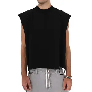 Men's Cropped (Distressed) Muscle Shirt - Sleeveless Shirt for Men Menswear Cotton Plain Crewneck