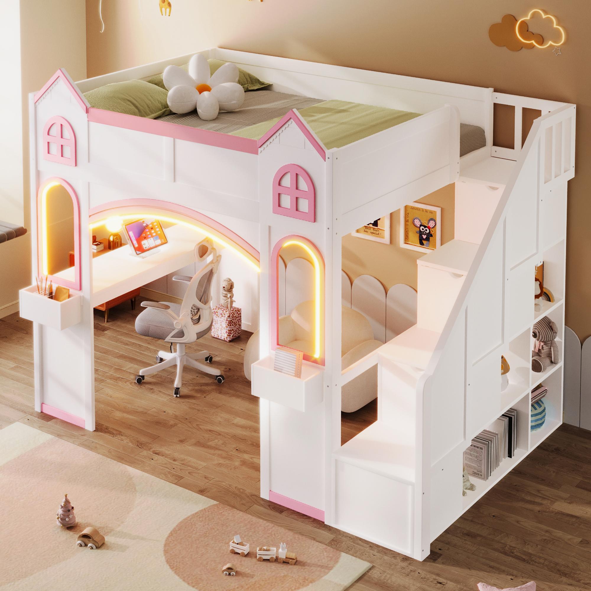 Full Size Loft Bed Frame with Storage Staircase and LED Light, Wood Castle Full Loft Bed Frame with Desk, Windows & Shelves for Kids, Teens, Boys or Girls, Montessori Bed, Pink