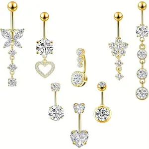 6/8pcs women's belly button ring set, silver gold powder surgical steel belly button ring, hypoallergenic perforated jewelry