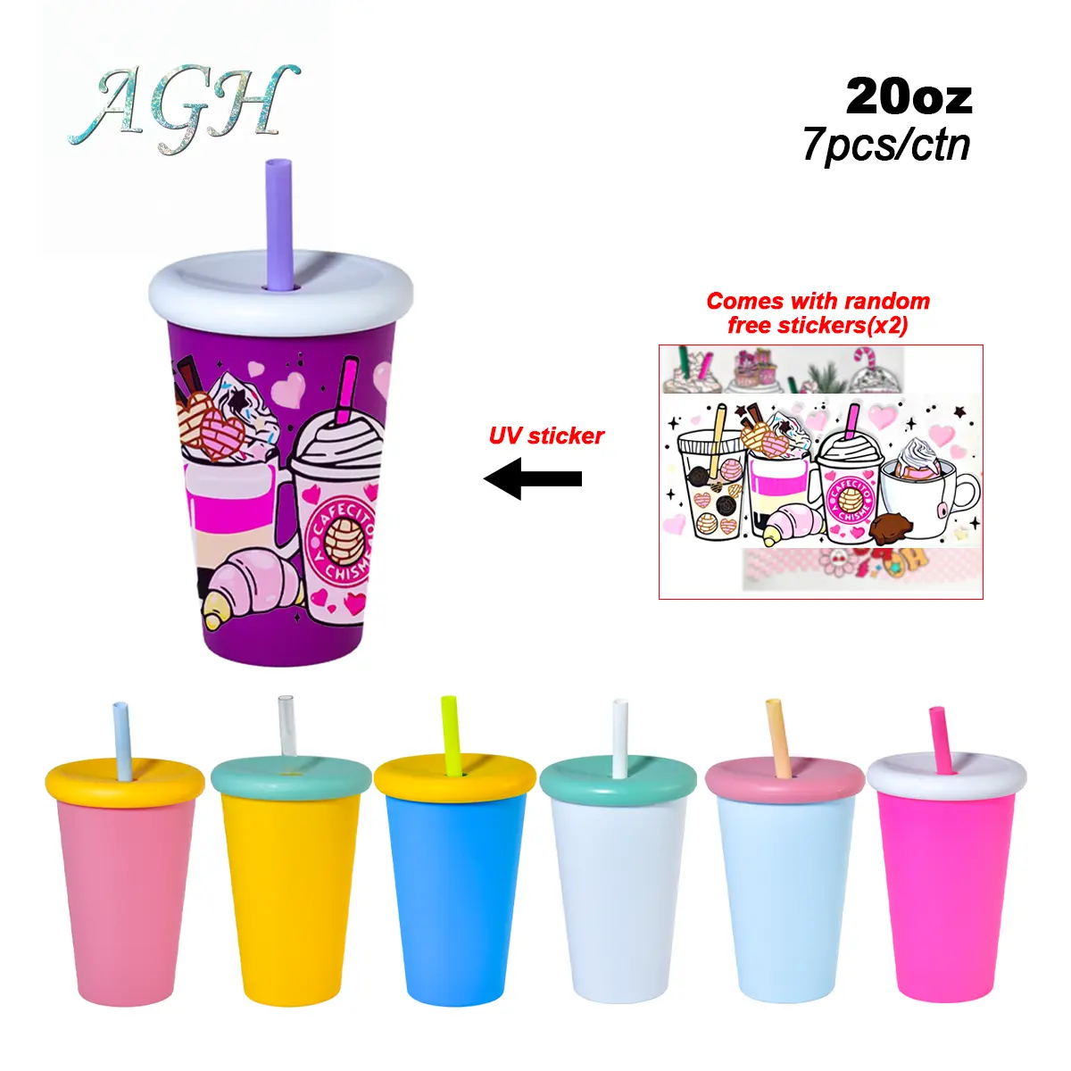 AGH Bulk Commercial Party Supplies: 7-Pack 20oz Matte Mixed Color Plastic Coffee Tumblers with Lids Straws, Reusable Cold Drink Cups, Premium Wedding & Party Favor Gifts for Events
