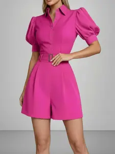Women's Fashion 2-Piece Set, Collared Bubble Sleeve Shirt Top + High-Waisted Shorts, Office & Casual Wear, Stylish and Eye-Catching Belt Buckle