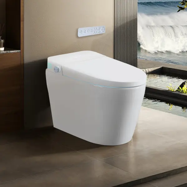 Bellemave Modern Ceramic Tankless Smart Bidet Toilet, 1-Piece with Auto Flush, Auto Open/Close, Heated Seat, Warm Water/Dry, Adjustable Temp, Remote Control, Night Light, LED Screen Display, Antibacterial White, Built-In Bidet