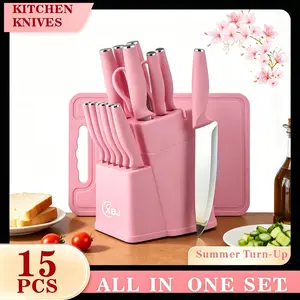 Kitchen Knife Set -15 Pieces, Solid Wooden &Plastic Holder, Chef's Knife,Japanese Knife, Meatand Vegetable Cutter, Chicken Bone Trimmer, GiftSet Utensils Cutting Storage Modern Block HomeMulticolor Stainless Steel German Steak Premium Sharpener with