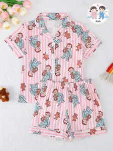 Girls' Summer Casual Striped Monkey Pattern Sleepwear Set, Short Sleeve Button-Front Top & Shorts, All-Season Wear, Cartoon Print Pajama, Pajama Sets