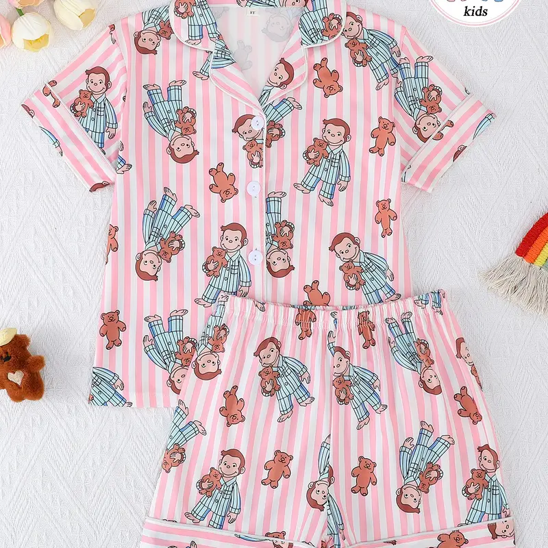 Girls' Summer Casual Striped Monkey Pattern Sleepwear Set, Short Sleeve Button-Front Top & Shorts, All-Season Wear, Cartoon Print Pajama, Pajama Sets, Cartoon Pattern Pajamas, Summer Pjs