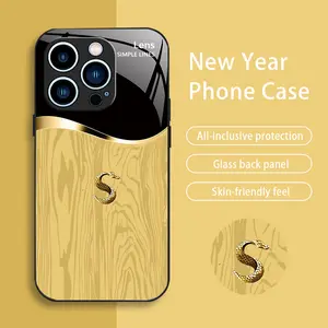 Suitable for [iPhone 13 Pro] New high-end creative auspicious wood grain snake mobile phone case New business simple tempered glass mobile phone case Affordable anti-fall and anti-fingerprint-888