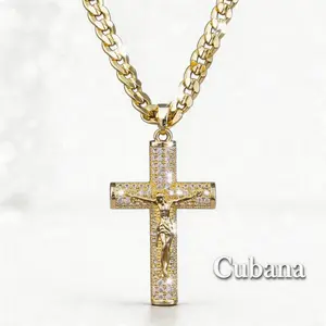 Jesus Cross Necklace for Men Gold Crystal Pendant Necklace Gold Rhinestone Cuban Cross Necklace God Redemption Charm Necklace,Layered Dainty Crucifix Pendant Necklace Chain Religion Costume Jewelry Accessories