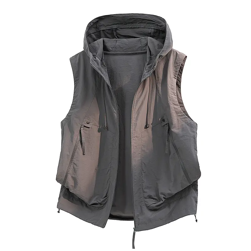 Men's Outdoor Hooded Sleeveless Vest, Zip Stand Collar Drawstring Hem Gilet, Light Breathable Casual Waistcoat For Camping Fishing Travel Daily Commute # SummerWins