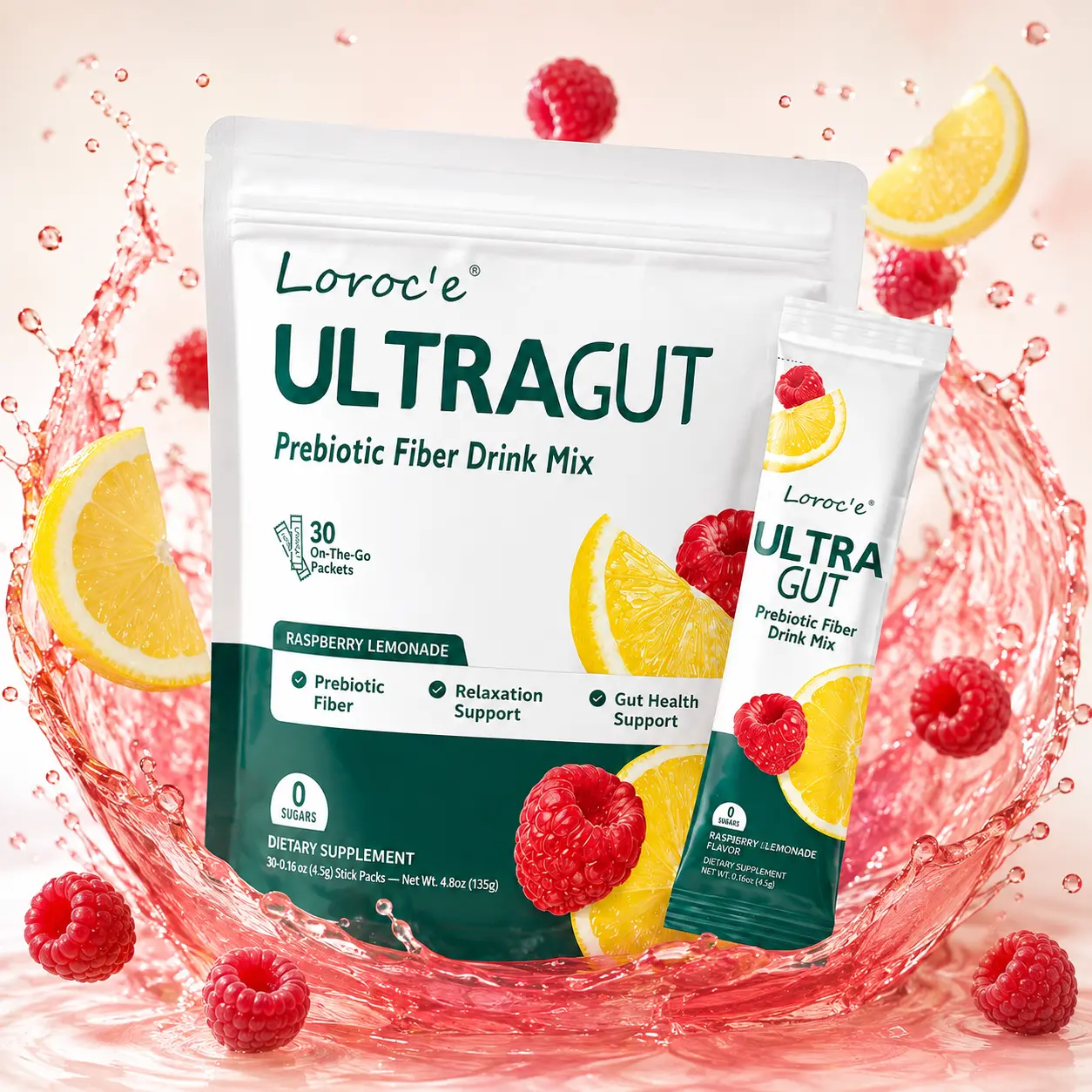 UltraGut Women's Prebiotic Fiber Raspberry Drink Mix - Sugar-Free Gut Health Digestive Supplement Powder with Magnesium Glycinate, L-Theanine, Ashwagandha, Vitamin D - 30 Packs for Daily Wellness Stick
