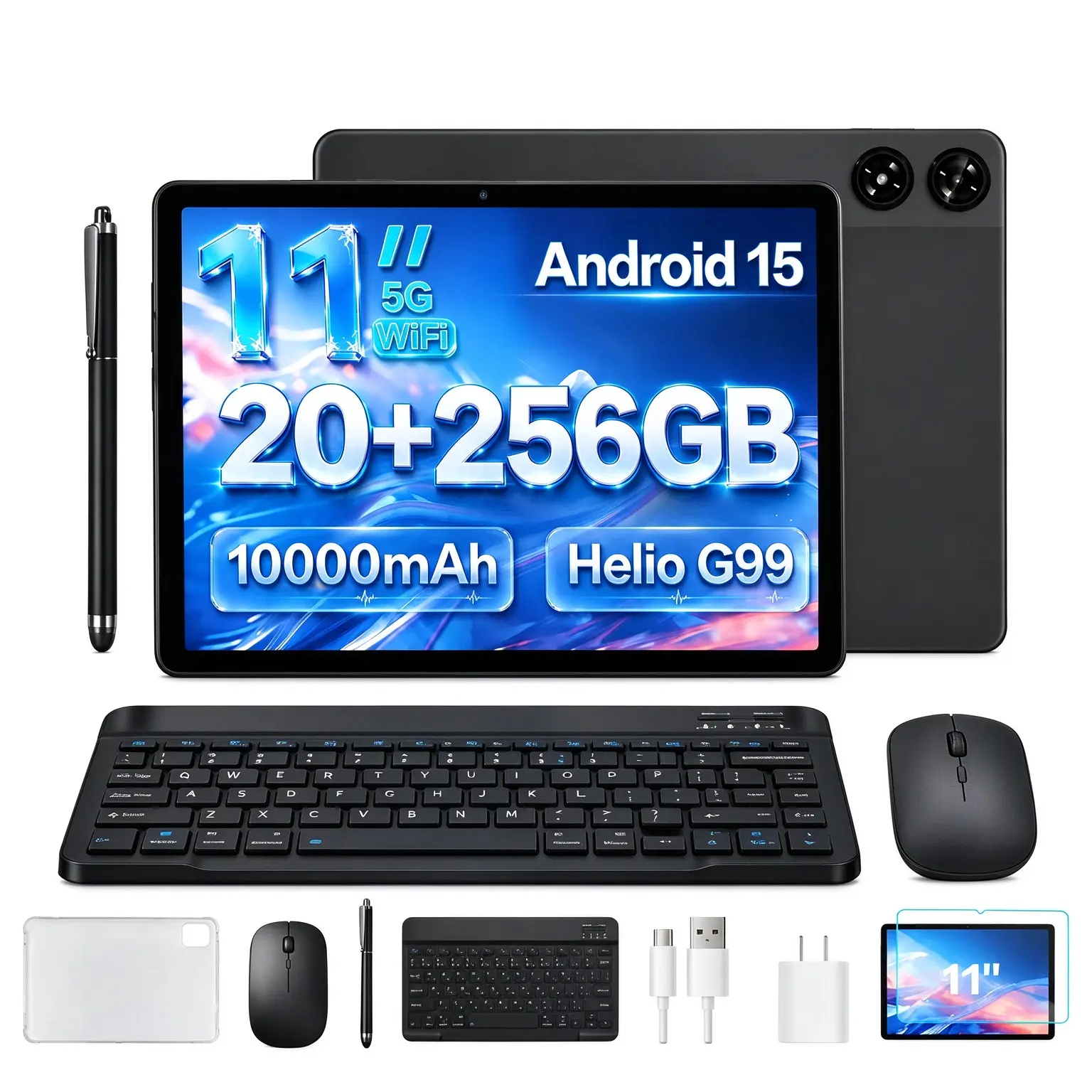 11 In Android Tablet Bundle 1920*1200 FHD ,MTK G99 processor 8GB RAM+12GB  Extension+256GB ROM  8 MP + 16 MP Camera,10000mAh Battery, 5G WiFi, Tools and Gadgets, Cool Gadgets with Keyboard Support, Mouse, Case, Stylus Support,  Ideal for School Work